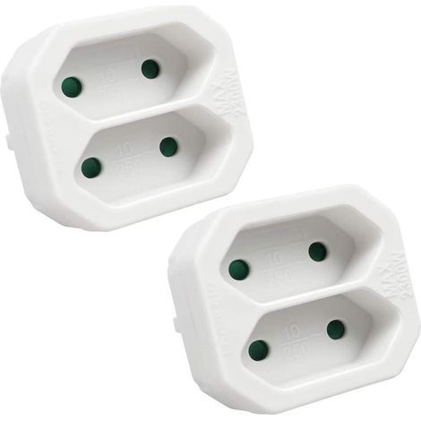 2-in-1 Flachadapter mit 2 Schuko-Steckdosen, 2 Steckern, bis zu 2300 W Belastbarkeit, 10 A, 250 V, Weiß, 2 Stück (1/5)