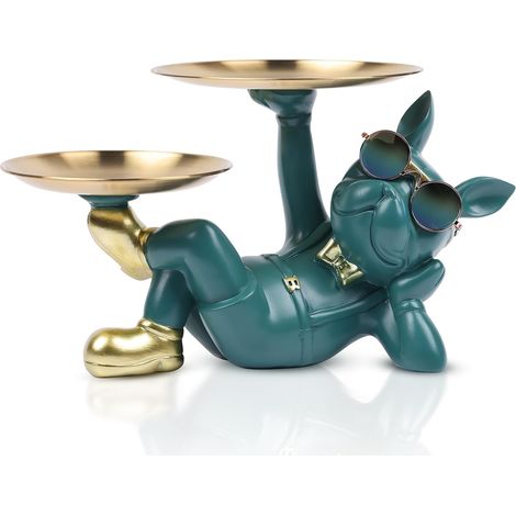 1 Statue Chien Avec Plateau Résine Décoratif Clés Bijoux Salon Bureau Vert (1/5)