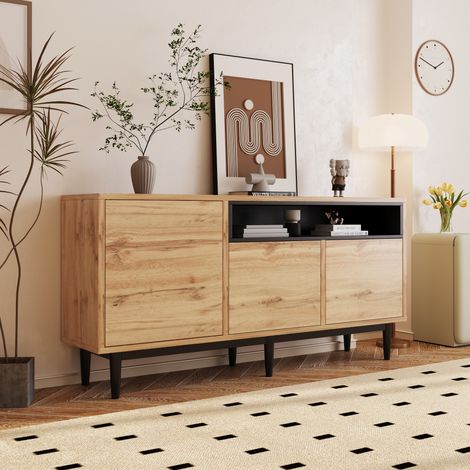 Neche – Buffet industriel 3 portes en bois naturel – Dimensions 160x35x76 cm – Rangement avec étagères réglables – Élégant et fonctionnel