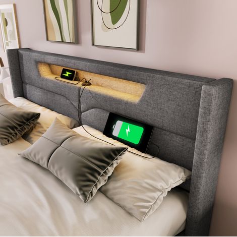 Letto matrimoniale imbottito moderno in lino grigio 160x200 cm con testiera LED, USB/Type-C e vano contenitore (1/5)