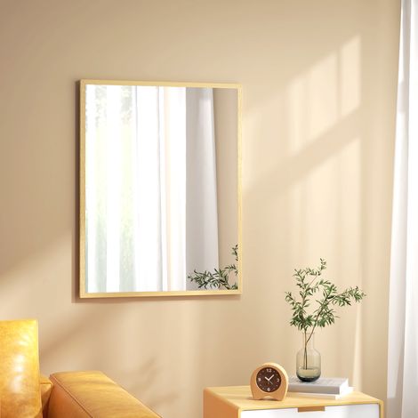 Déco Miroir mural rectangulaire 90 x 70 cm cadre en bois idéal pour la salle de bain salon ou chambre - naturel (1/4)