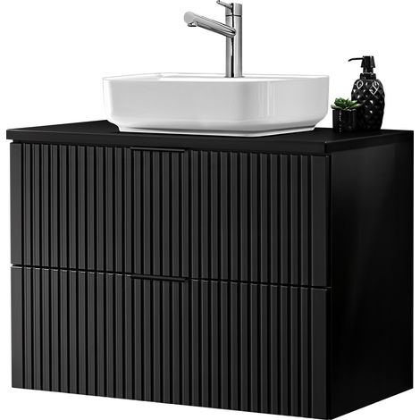 Badezimmer Waschtisch, 81cm, mit Aufsatzbecken, matt schwarz gerillt, ADELAIDE-56-BLACK, B/H/T ca. 80,6/73,2/46,5 cm (1/5)