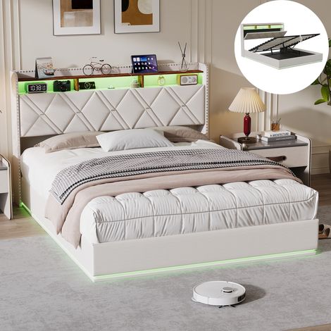 lit coffre 140x200, Sommier à Lattes, LED réglable, Chargement USB, avec levier hydraulique, Lit double, Chambre moderne, Beige, lin