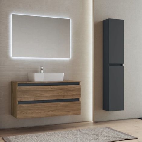 Mobile bagno sospeso 100 cm Noce con lavabo da appoggio e specchio - CUBE1 (1/3)