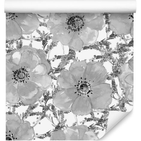 Papel pintado de amapolas blancas y negras para salón y dormitorio, 50x1000 cm. (1/5)