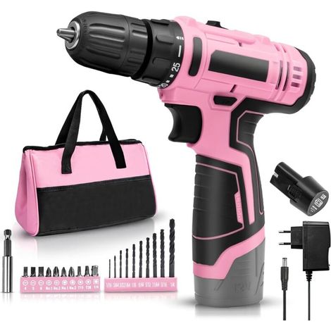 Tournevis électrique 12V rose – Tournevis sans fil avec coffret d'outils – Coffret d'outils complet, 1400 tr/min, 21 forets, pour le bricolage et l'entretien de la maison (1 batteries)