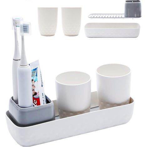 Porte-brosses à dents pour salle de bain, porte-brosses à dents électrique pour enfants avec 2 gobelets, rangement blanc pour brosses à dents et dentifrice, petit meuble de salle de bain à poser sur l (1/5)