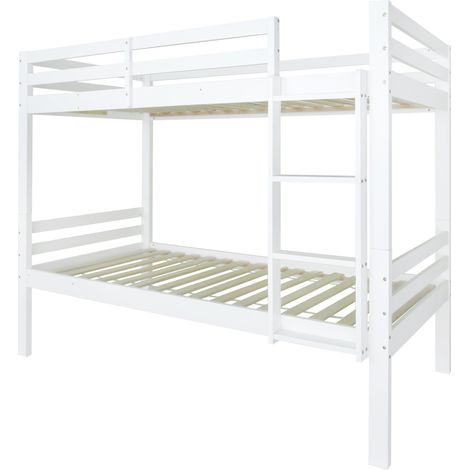 Lit superposé pour enfants, lit enfant avec échelle d’angle à trois marches et barrière anti-chute, lit divisé en 2 lits simples, lit ado, lit simple, cadre en pin, blanc, 90x200cm (1/5)
