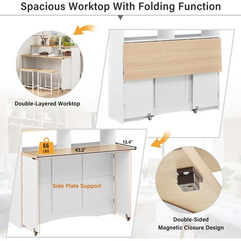 Îlot de cuisine sur roulettes. Zone de repas aménagée avec des chaises. Meuble de rangement généreux. Idéal pour la cuisine et le salon comme meuble de rangement. Blanc. (1/5)