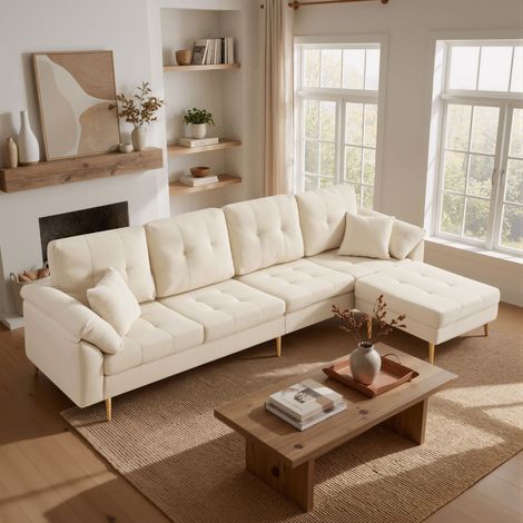 Canapé 4 places 250x70x87 cm, canapé d'angle modulable en L avec pouf amovible, coussins épais, pieds métal 20 cm, velours côtelé beige clair (1/5)