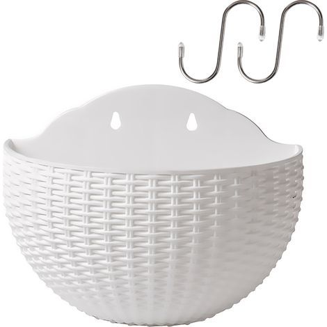 Pot Wall Semi-Cercle Suspension en PP Imitation Rattan Blanc L (26cm, 20.5cm) avec Système Irrigation Double Réservoir + 2 Crochets (1/4)
