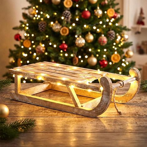 LED Holz Deko Schlitten natur mit Timer - 50 x 23 cm - Holzschlitten warm weiß beleuchtet batteriebetrieben