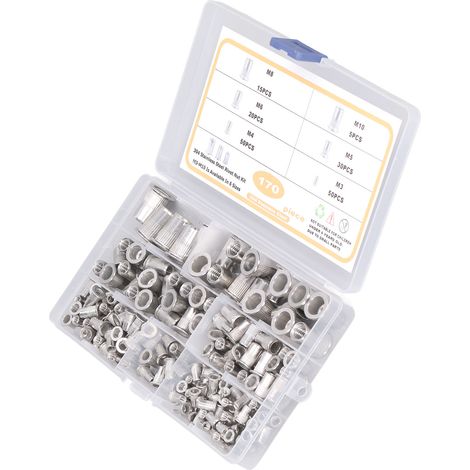 Flachkopf-Nietmuttern M3-M10 aus Edelstahl 304, Packung mit 170 Stück, langlebiges Gewinde (1/5)