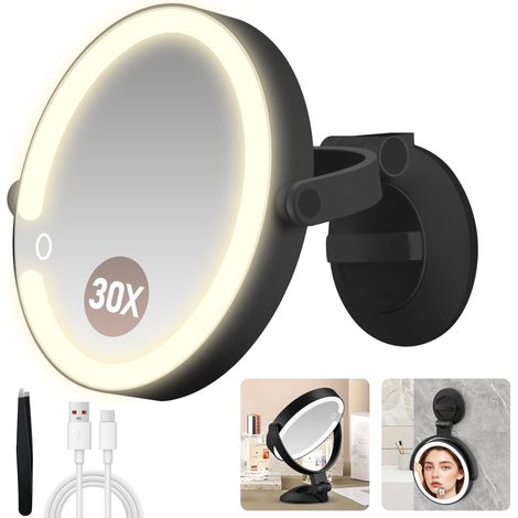 Miroir grossissant avec ventouse 30 x, miroir cosmétique double face avec éclairage, miroir de salle de bain avec 3 modes d'éclairage, convient pour la salle de bain (noir) (1/5)