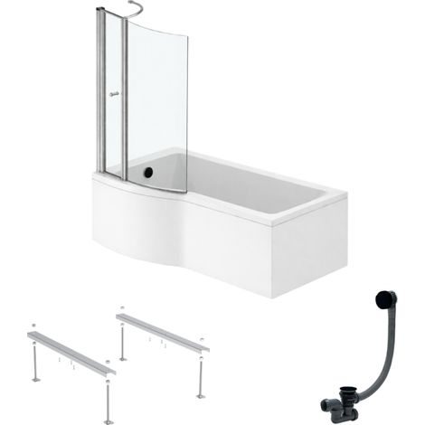 IDEAL STANDARD Connect Air 150 x 80 cm, bañera/ducha izquierda, conjunto + delantal + mampara con solapa + patas + desagüe, color negro.