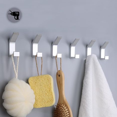 6 ganchos dobles autoadhesivos de aluminio, para baño, cocina o armario, color plata. (1/5)