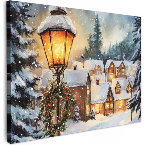 CUADRO EN LIENZO Pueblo navideño - Casas - Nieve - Navidad Lienzo Modernos 80x60 cm