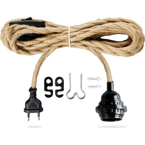 Câble de lampe vintage E27 - Douille E27 - Suspension avec prise - 4,5 m - Corde de chanvre - Câble textile avec interrupteur - Pour lampadaires DIY - Lustre vintage (1/5)