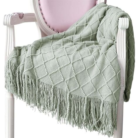 Plaid léger avec franges, coloris vert lotus, 130 × 230 cm, couverture décorative canapé