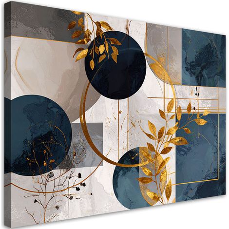 Impression sur Toile, Formes abstraites de cercles et de feuilles bleu et beige,30x20 (1/4)