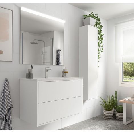 Mobile bagno sospeso 80 cm 2 cassetti in legno bianco opaco con lavabo a incasso - Olympus - 80 cm Con Doppia colonna Specchio e Lampada Led - Accessorio: Standard - Misura: 80 cm (1/5)
