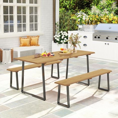 Set di 3 Tavolo e Panche da Giardino per 6 Persone, con Foro per Ombrellone, in Legno, Naturale (1/5)
