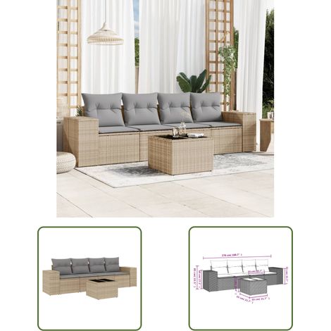 The Living Store Salon de jardin avec coussins 5 pcs beige résine tressée - Ensemble Salon De Jardin - Meuble De Jardin - Résine Tressée - Rotin Synthétique - Mobilier D'extérieur