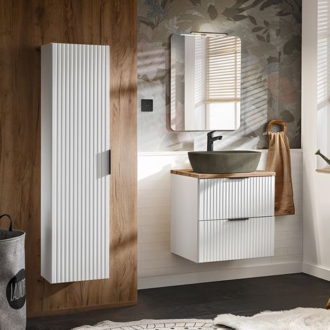 Badezimmermöbel Set matt weiß Rillenoptik ADELAIDE-56-WHITE Spiegel & 60 cm Waschtisch mit Keramikbecken, Hochschrank (1/5)