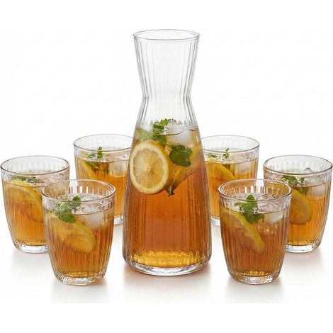 Set Caraffa e 6 Bicchieri in Vetro Star Glass  Brocca per Acqua Cocktail Bevande bottiglia Design Scanalato e Tumbler Resistenza +30% e Massima Trasparenza Ideale Casa e Horeca MADE IN iTALY BO-RMIOLI