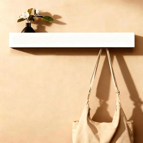 60cm Porte Manteau Mural avec Étagère, 7 Crochets Cachés, Porte-Crochets en Bois et Métal, Crochets Discrets pour Entrée, Chambre, Salle de Bain et Salon, Porte Manteau Blanc