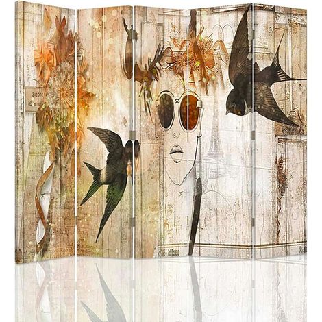Paravent Déco Urbaine Fille Lunettes & Hirondelles - 180 x 180 cm - 1 face déco, 1 face noir