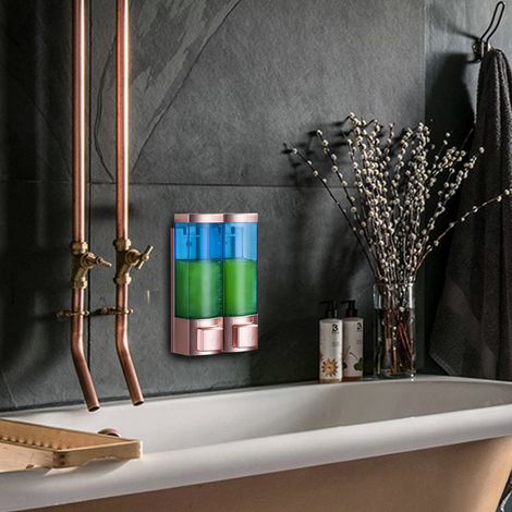 Distributeur de savon mural manuel, boîte à savon double tête en ABS transparent bleu doré pour salle de bain d'hôtel (1/5)