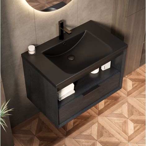 Mueble de lavabo suspendido 74,5x46,5x48 cm de cerámica negro con almacenaje FloraGrace (1/5)