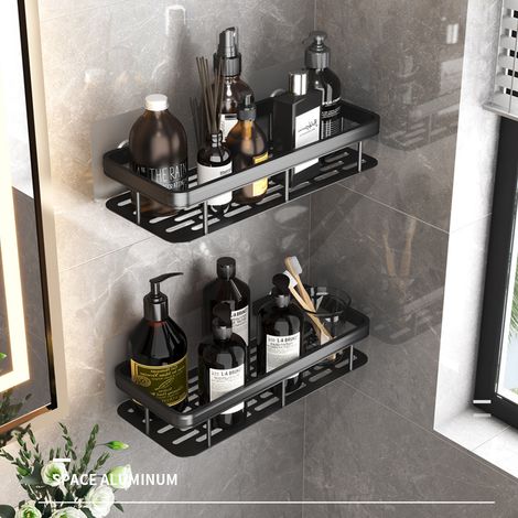 Etagere Douche sans Percage Lot de 2, Noir Etagere Salle de Bain, Acier Inoxydable Porte Gel Shampoing Douche, Rangement Salle de Bain Panier Douche