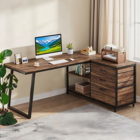 Bureau d'ordinateur en forme de L avec 3 tiroirs, 135 cm Bureau d'angle Réversible avec étagères pour PC, Marron rustique