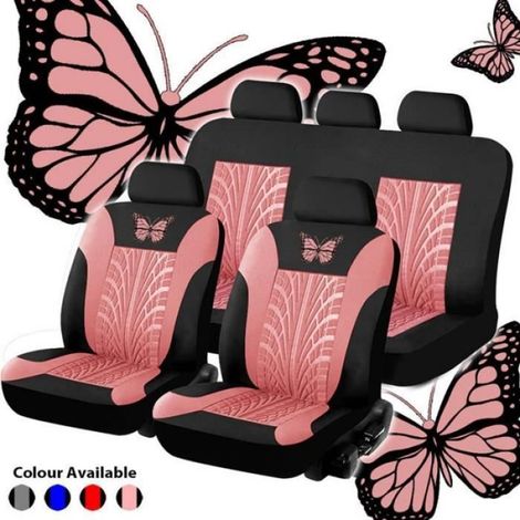 9 pièces Housse de siège voiture, Motif papillon, Rose, Universel, Intérieur véhicule (1/3)