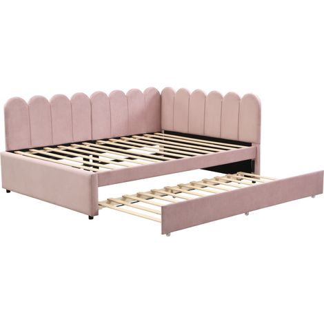 Gepolstertes Eckbett 140 x 200 cm aus rosa Samt mit Ausziehbett und blumigem Kopfteil (1/5)