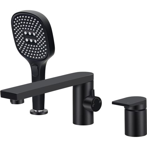 Robinet pour Bord de Baignoire 3 Trous, Robinet de Baignoire avec Douche à 3 modes, Mélangeur en laiton pour Salle de Bain Chaude et Froide Réglable, Noir Mat PTBB20E (1/5)