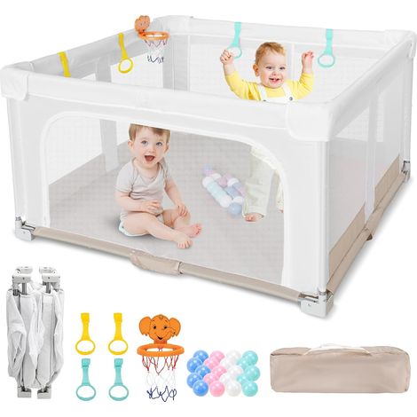 Grand Parc Pliable pour Bebe et Tout-petits:127x127x70cm pour l'intérieur et l'extérieur,Avec 20 Balles Océaniques,1 Panier de Basket,4 Poignées et 1 Sac de Transport - Espace de Jeu Idéal pour Enfant (1/5)