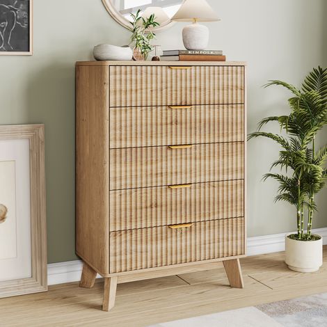 Cassettiera scandinava in legno a 5 cassetti, cassettiera rustica con maniglie in metallo, mobile contenitore in stile country, credenza robusta con cassetti per la casa - Naturale