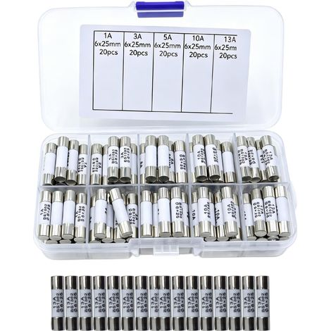 100pcs 5 Types 240V Volt Household Mains Plug Fuse 6.3x25mm Ceramic Tube Cartridge Fuses Assortment Kit (1/5)