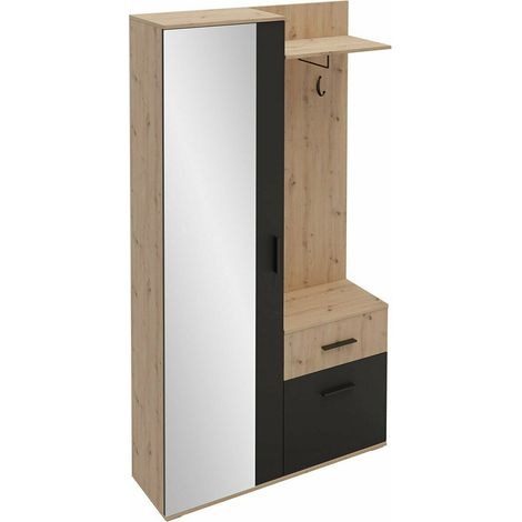 Mobilier1 – Meuble d'entrée Stanton 103 – Chêne artisan et noir – Dimensions 195x97x30cm – Miroir intégré – Stratifié durable (1/5)
