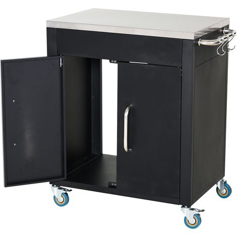 Carro De Cocina Con Ruedas, Carro De Servicio Con Armario, Ganchos, Asas De Acero Inoxidable, Negro, 86X50X86,5Cm