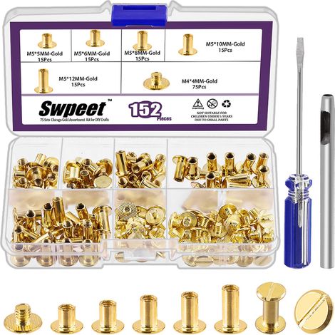 152 pièces m5x5mm, 6mm, 8mm, 10mm, 12mm vis rivets en cuir avec perforateur et tournevis rond tête plate goujons à double tête pour bricolage cuir artisanat et reliure (1/5)