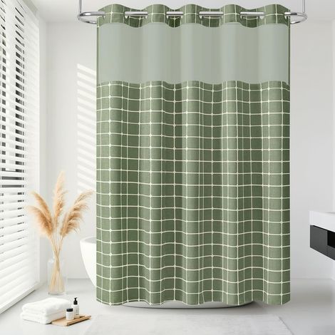 Rideau de douche sans crochets, rideau de douche épais en polyester à carreaux avec fenêtre supérieure en maille, ensemble de rideaux de salle de bain de style bohème imperméable, 190 x 183 (1/5)