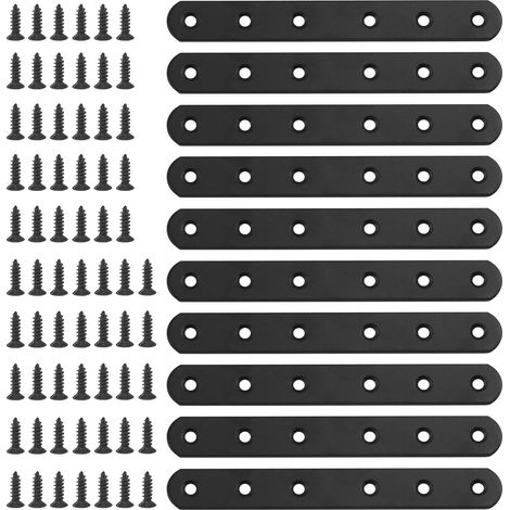 Lot de 10 équerres d'angle plates et droites en métal noir de 160 mm avec 45 vis pour meubles en bois (160 x 20 x 3 mm) (1/5)