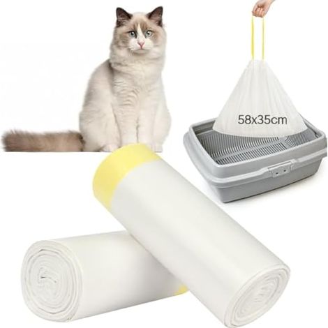 40 Sachets de Sacs à Litière pour Chat, 58 x 35 cm, Sacs à Déchets pour Bac à Litière avec Cordon de Serrage, Résistants aux Liquides et Biodégradables (1/4)
