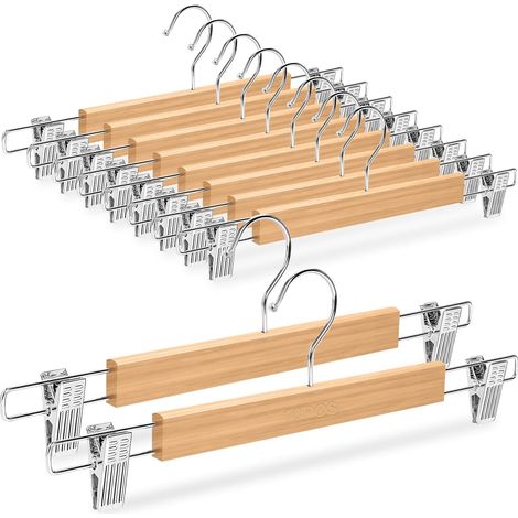 10 Cintres Bois Pinces Réglables Crochet 360° Métal Chromé Antidérapant Pour Pantalons Jupes (1/5)