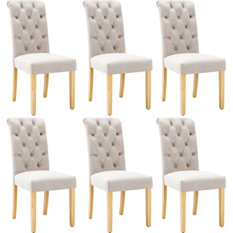 Juego de 6 sillas de comedor tapizadas en terciopelo beige con patas de roble (1/5)