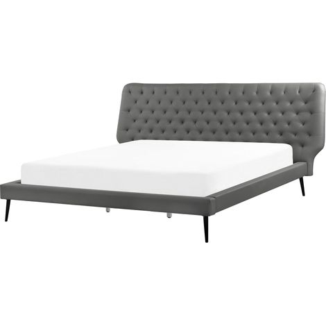 Cama tapizada en piel sintética gris 160 x 200 cm diseño moderno cabecero acolchado Essonne (1/5)